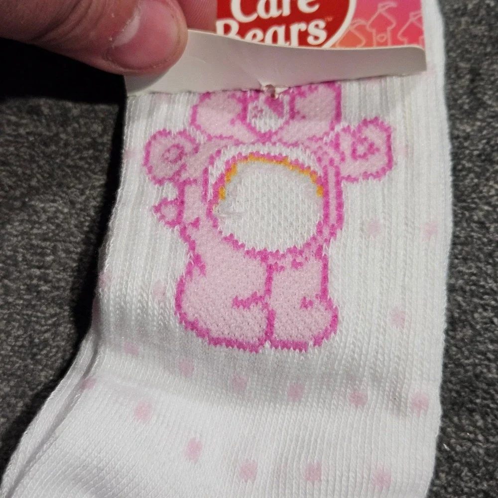 Care Bears Kids White Pink Polka Dot Crew Socks Shoe Size 10-4 New
